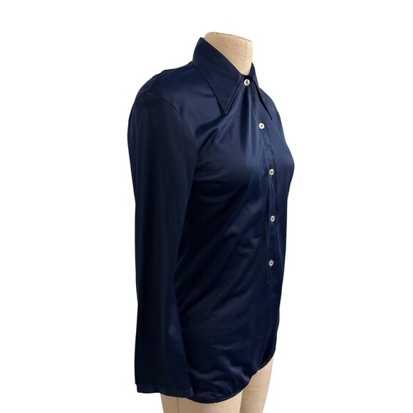 Vintage Blue Swan Nylon Satinette Button-Up Shirt Bodysuit With Pointed Collar L - Picture 2 of 13